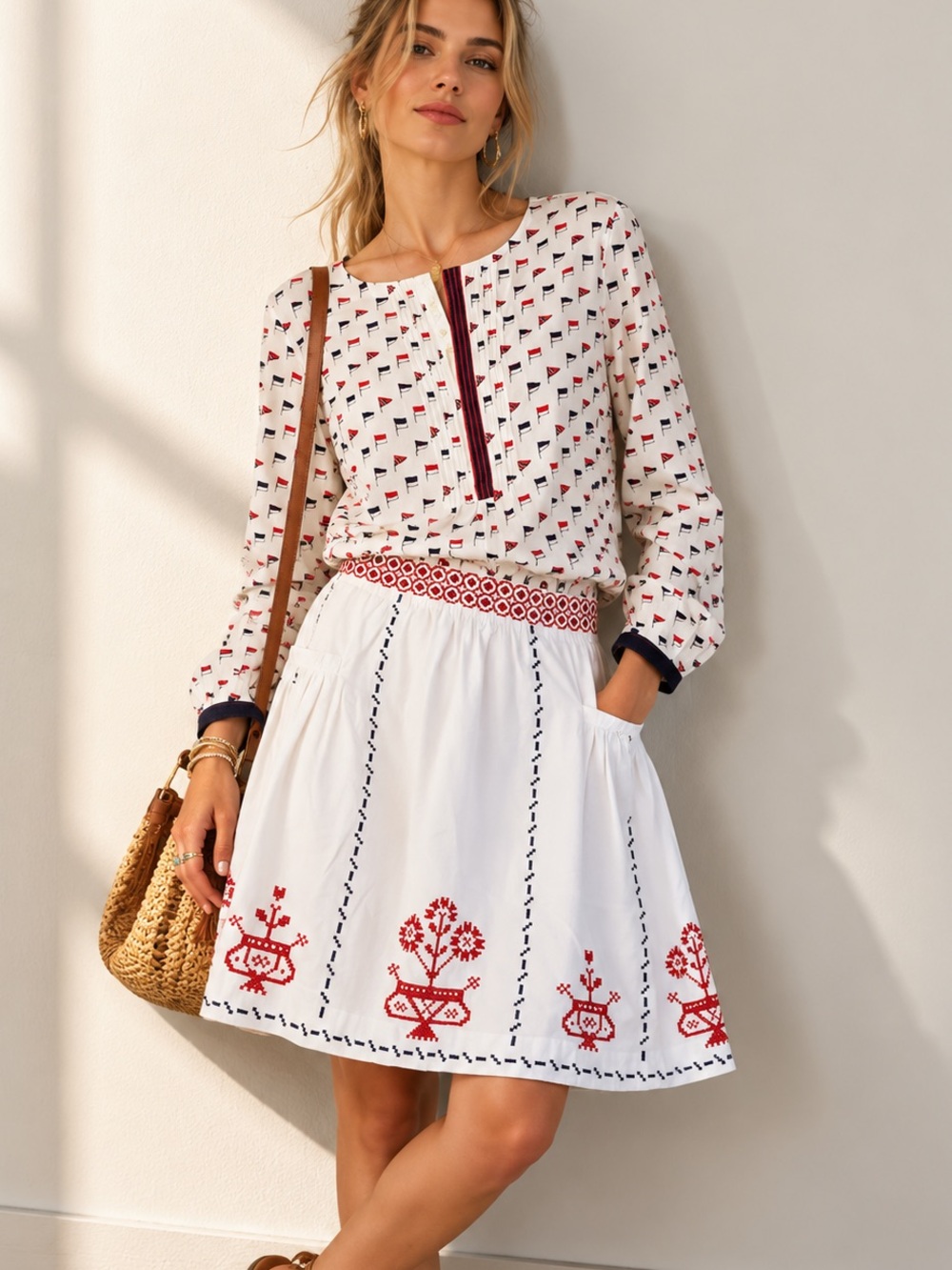 Lithe Ivory Cotton Boho Embroidered  Pocket Festival Corduroy Skirt Size 6